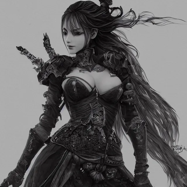 Prompt: the portrait of neutral evil fallen female dark knight vagabond as absurdly beautiful, gorgeous, elegant, sophisticated, realistic sensual gravure idol, an ultrafine hyperdetailed illustration by kim jung gi, irakli nadar, detailed face, intricate linework, octopath traveler, final fantasy, unreal engine 5 highly rendered, detailed and intricate environment