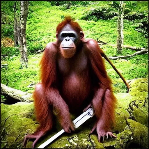 Image similar to “tall Goblin orangutan hybrid with mange holding a spear, jungle background”