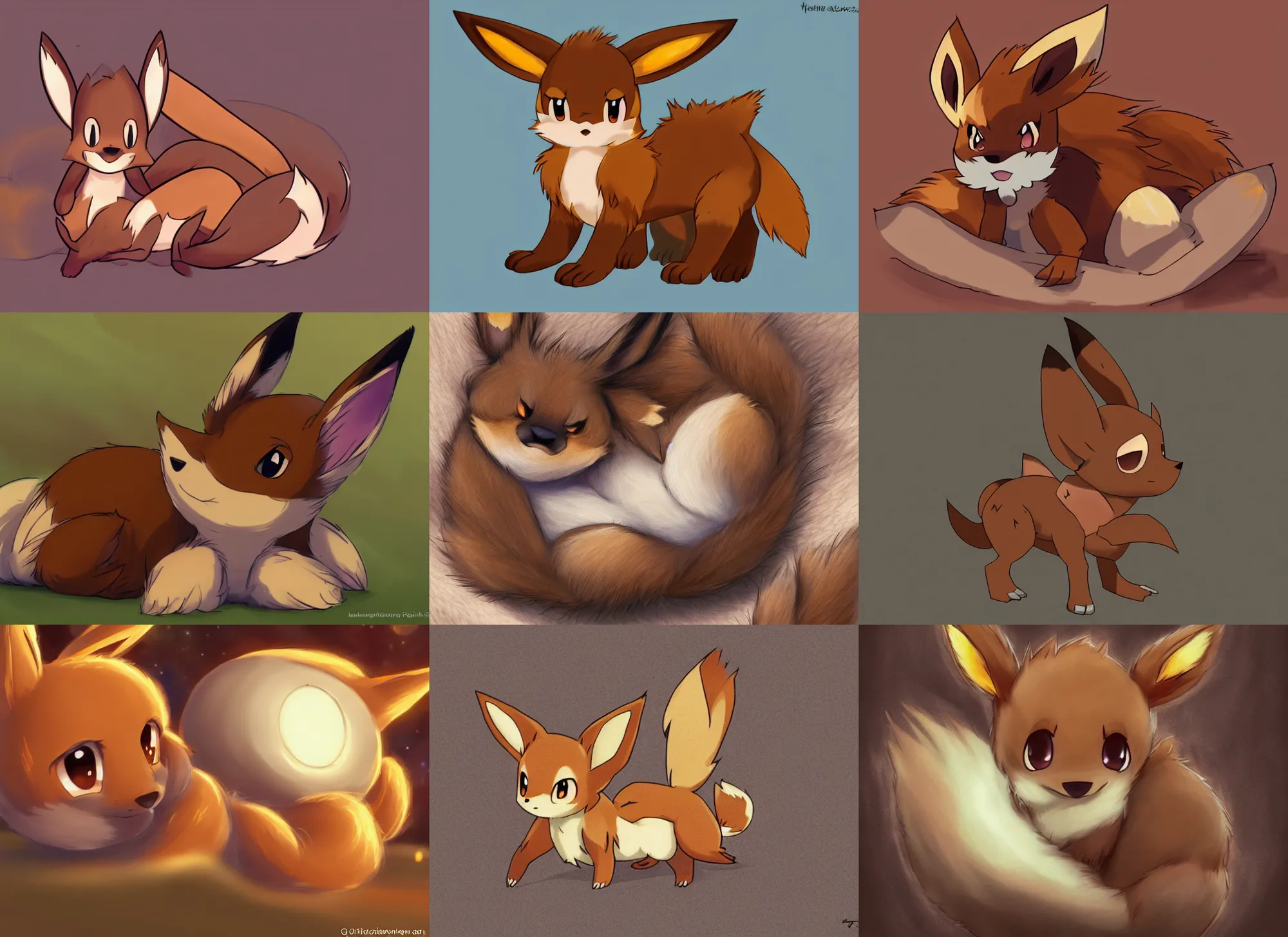 Prompt: a tiny light brown Eevee-fox hybrid lying on its back, Pokemon, Eevee, brown fur, cute, detailed fur, furaffinity, fanart