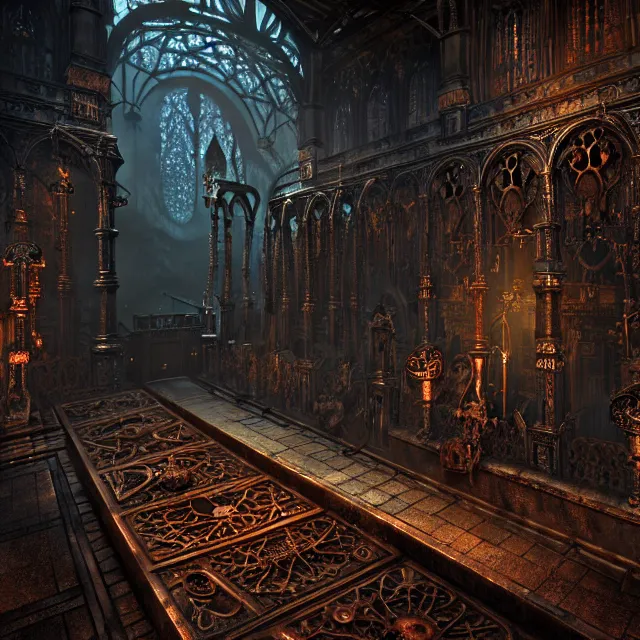 Image similar to steam necropolis, memento mori, gothic, neo - gothic, art nouveau, hyperdetailed copper patina medieval icon, stefan morrell, philippe druillet, ralph mcquarrie, concept art, steampunk, unreal engine, detailed intricate environment, octane render, moody atmospherics, volumetric lighting, ultrasharp, ominous, otherworldly