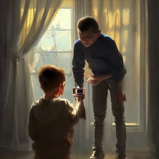 Image similar to epic masterpiece of cinematographic hyperrealism where a boy dressed up for halloween appears taking a photo with his happy phone. realistic shaded lighting poster by craig mallismo, artgerm, jeremy lipkin and michael garmash, unreal engine, radiant light, detailed and intricate environment, digital art, art station trends