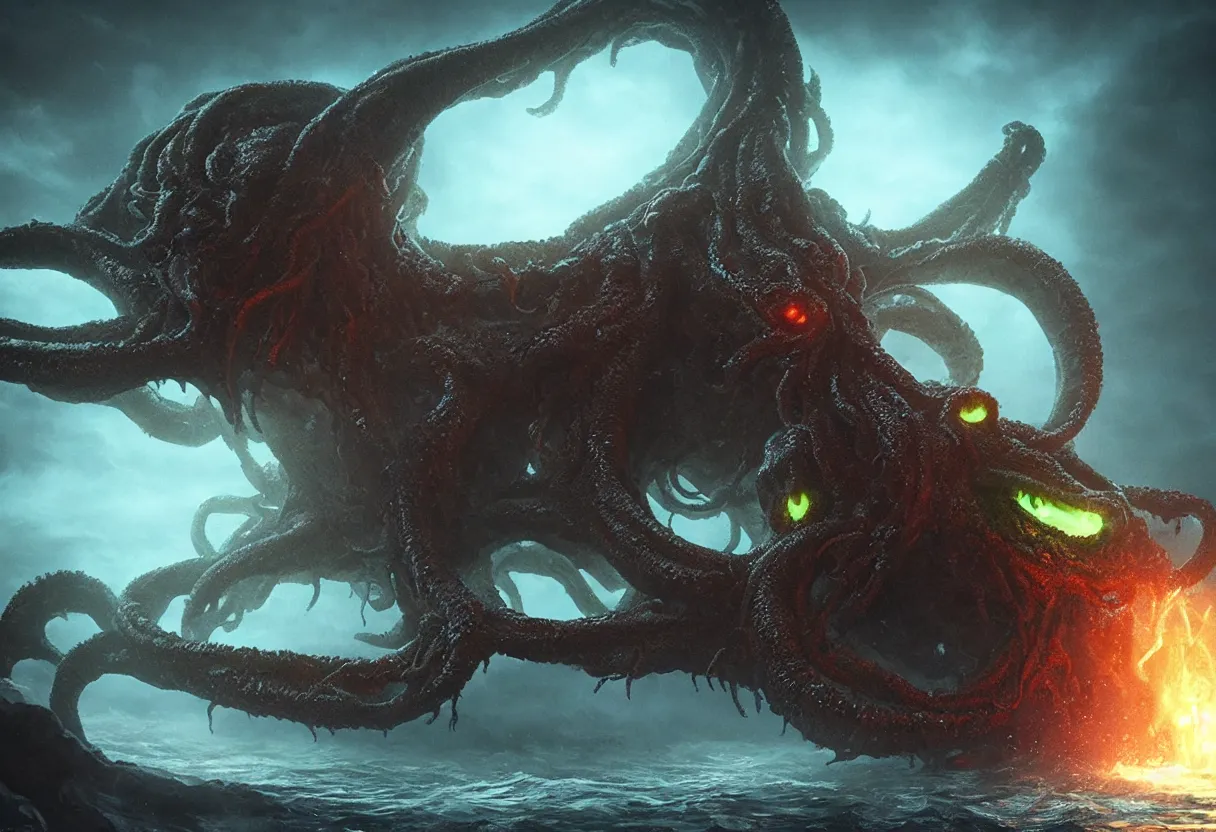 Image similar to concept art of cthulhu with glowing eyes emerging from the ocean, omnious old photo, cinematic lighting, apocalyptic, atmospheric, hyper realism, realistic, octane render, dramatic lighting, highly detailed, cinematic