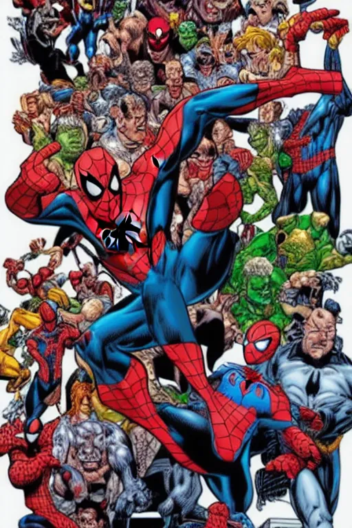 Prompt: a poster of Spider-man standing in front of his villains, by Mark bagley