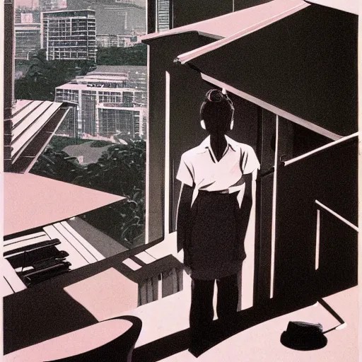 Prompt: art of two singapore students on the roof of a hdb flat, by syd mead