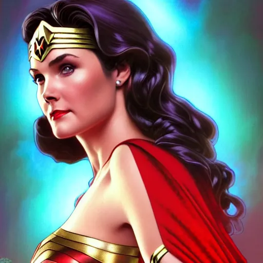 Image similar to a young lynda carter as wonder woman, volumetric lights, red and cyan theme, art nouveau botanicals, intricate, highly detailed, digital painting, artstation, concept art, smooth, sharp focus, cinematic, illustration, beautiful face, art by artgerm and greg rutkowski and alphonse mucha