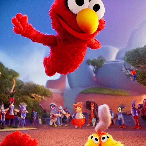 Image similar to stunning, coherent, impressive, detailed still of black family kicking elmo in a fantasy dream world park, follow shot, 3d, in the style of pixar, comic book style, 3d, highly detailed, sharp focus, bokeh, depth of field, 16k resolution, Unreal Engine 5, coherent, cinematic lighting, photorealistic, by Zhang Jingna