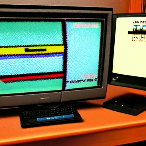 Image similar to slightly blurry and grainy photographic proof of an 8 0 s 8 bit home computer joystick, tape / disk drive and tv monitor that never was released to the public.