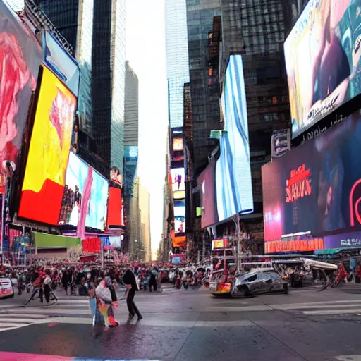 Image similar to adam and eve in times square with a snake overhead