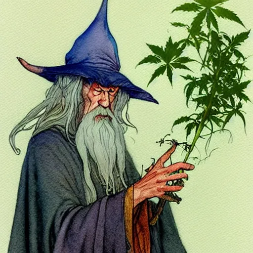 Image similar to a realistic and atmospheric watercolour fantasy character concept art portrait of gandalf with red eyes smoking a huge blunt looking at the camera with a pot leaf nearby by rebecca guay, michael kaluta, charles vess and jean moebius giraud