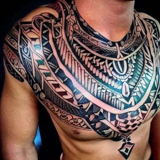 Image similar to tribal tattoo along chest, colorful, intricate detail
