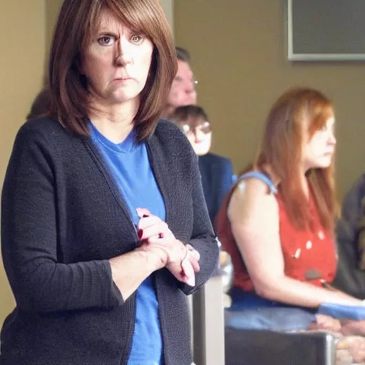 Prompt: photo of karen disapproving of you, scowl, confused onlookers