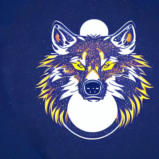 Image similar to a nice beautiful e-sports logo of a howling wolf with full moon, svg vector, blue and yellow, flat colors