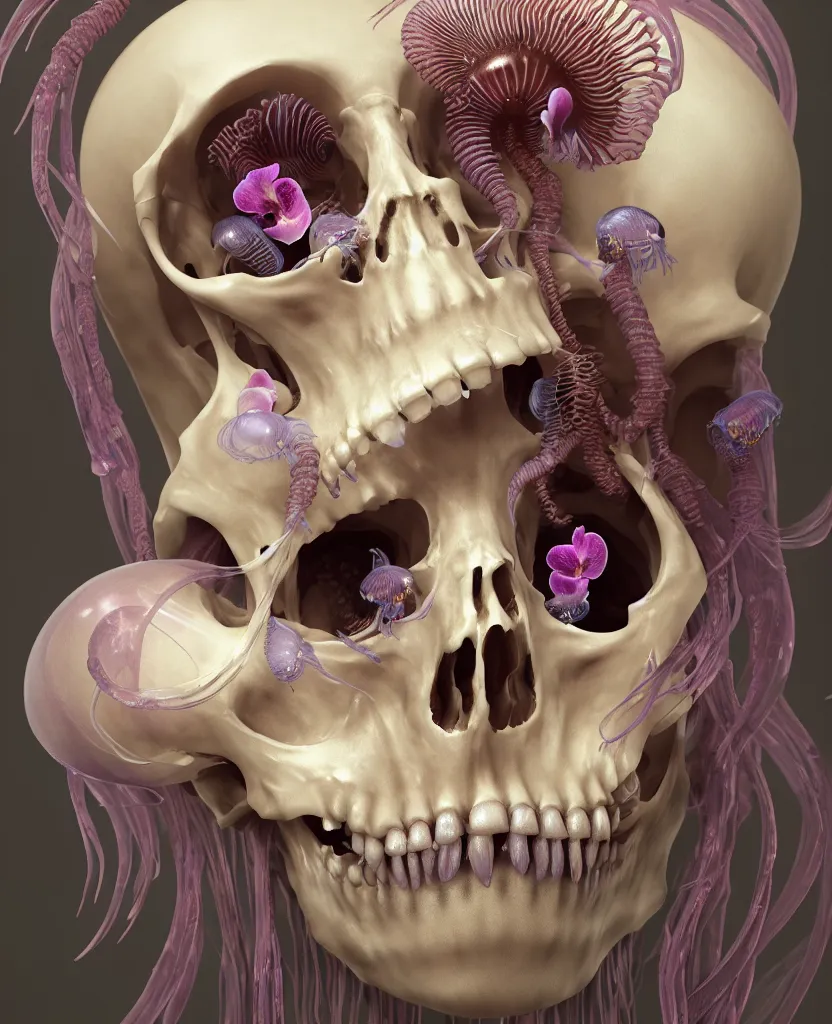 Prompt: goddess close - up portrait human skeleton, ram skull, jellyfish, orchid, betta fish, bioluminiscent, intricate artwork by tooth wu and wlop and beeple. octane render, trending on artstation, greg rutkowski very coherent symmetrical artwork. cinematic, hyper realism, high detail, octane render, 8 k