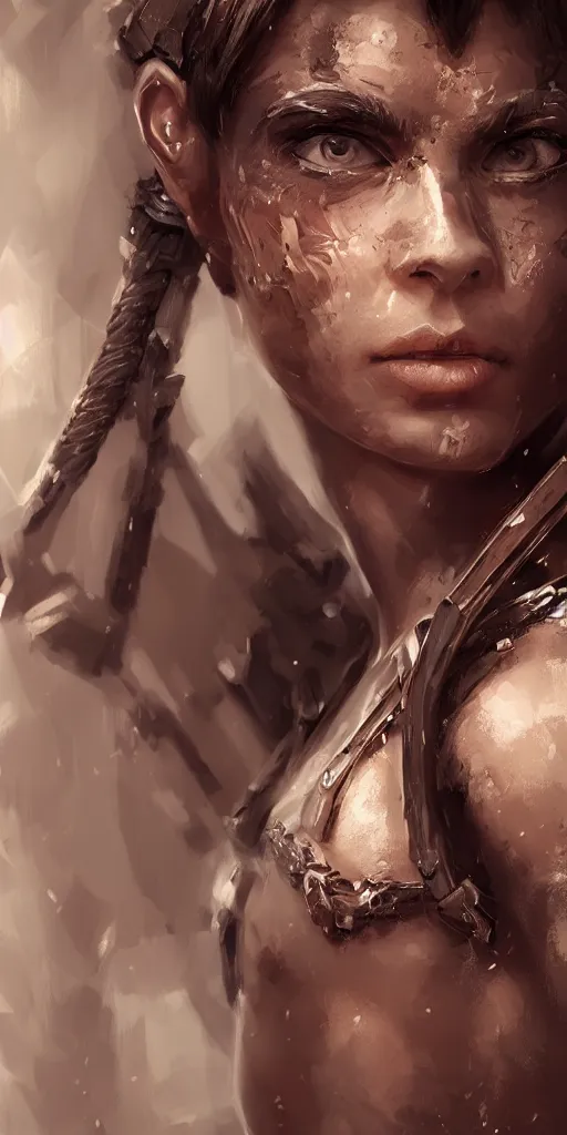 Image similar to head and shoulders portrait of a barbarian female, ultra sharp, very detailed, high quality focus by wlop