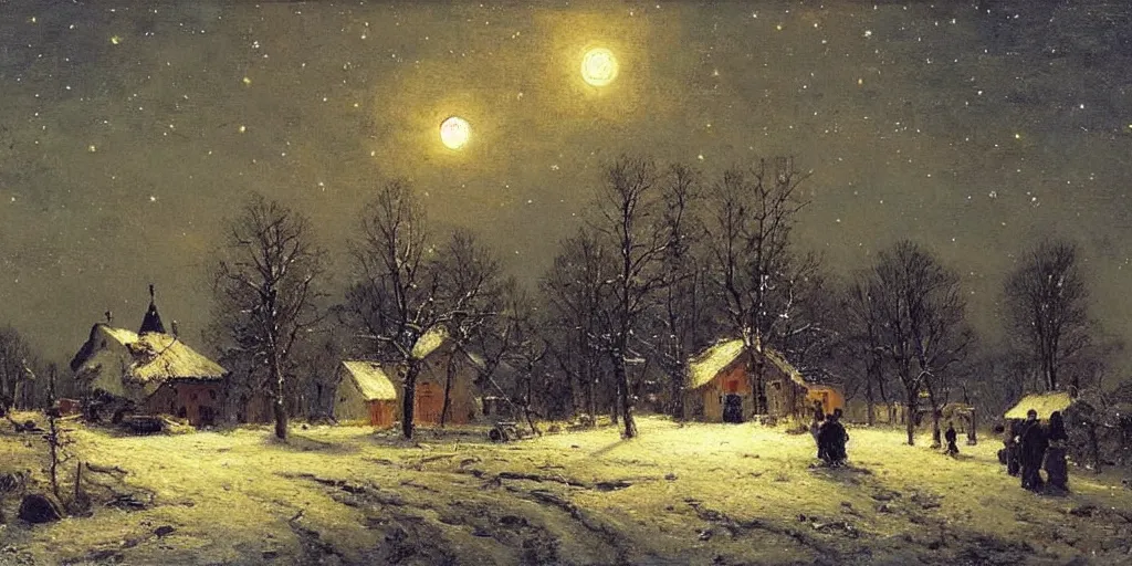 Image similar to a scene of a small rural russian village at night, stars, moon, wintertime, painting by nikolay makovsky