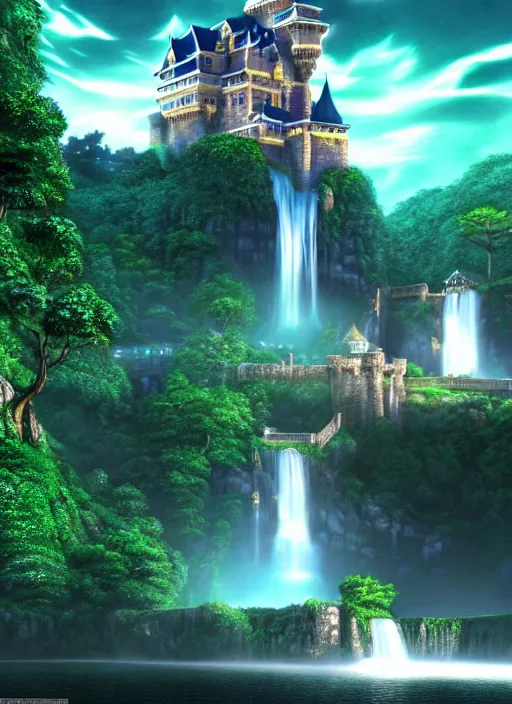 Prompt: magical castle, waterfall, river, nighttime, scenery wallpaper aesthetic, manga style, perspective view, beautiful, cinematic, dramatic, super detailed and intricate, hyper realistic, 4 k render, by kentaro miura, by koson ohara, by darwyn cooke