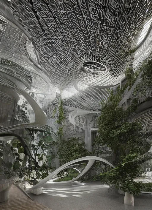 Image similar to a photo of a futuristic biomimicry oasis interior + the interior is elegant and made of a biomimicry nature with ornate patterns + photo taken on a misty morning + architectural photography, 8K, photorealistic