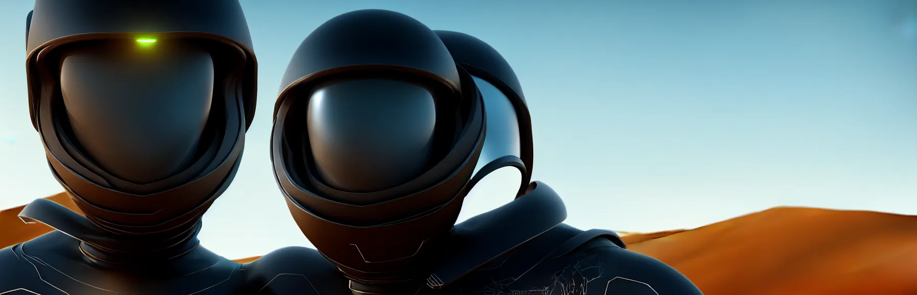 Image similar to closeup of a person in a black high tech dune stillsuit, in the desert, intricate and epic concept art, highly detailed, 8k, cinematic, sharp focus