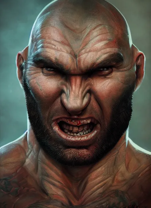 Prompt: A fantasy comic book style portrait painting of Dave Bautista as a half-orc, unreal 5, DAZ, hyperrealistic, octane render, RPG portrait, dynamic lighting