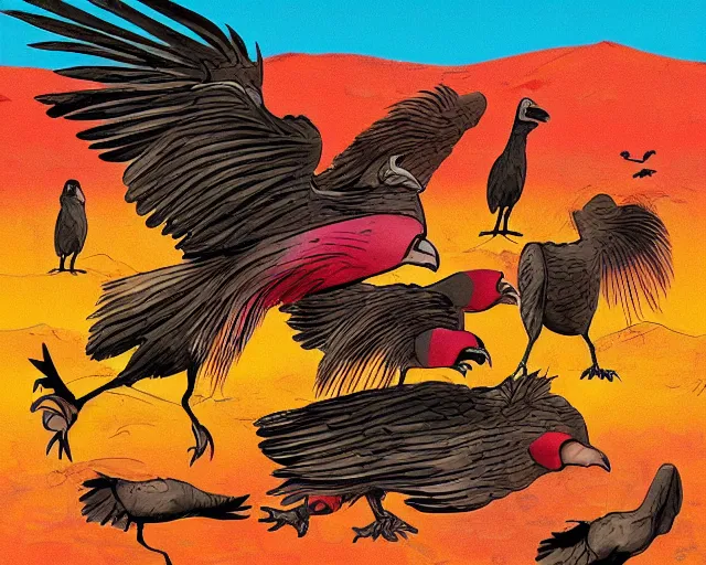 Image similar to cartoonish vultures feeding on carrion in the desert, caricature, surreal, colorful