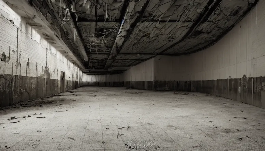 Image similar to a hooded figure standing in an abandoned mall, dark photography