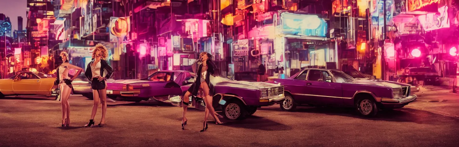 Image similar to 80s dressed Scarlett Johansson posing and in the background there two 80s sports cars parked on a deserted city street at night time, purple lighted street, wide angle, cinematic, retro-wave vibes, grainy, soft motion blur
