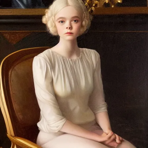 Prompt: Elle Fanning sitting on a white leather chair in the world of Lizzie Riches, head and shoulders portrait, stormy weather, extremely detailed masterpiece, oil on canvas, low-key neon lighting, artstation, Blade Runner 2049, Roger Deakin’s cinematography, by J. C. Leyendecker and Peter Paul Rubens and Edward Hopper and Michael Sowa,