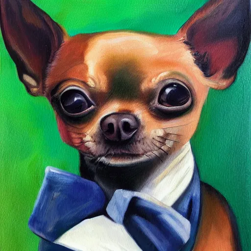 Image similar to a painting of a chihuahua smoking weed in an office