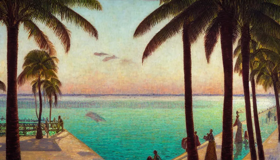 Prompt: a ultradetailed beautiful painting of the megastructure amazonas palace balustrade designed by jules bastien - lepage, tarsila do amaral, frank weston and gustave baumann, beach, trending on artstation, mediterranean, palm trees, sharp focus, colorful refracted sparkles and lines, soft light, 8 k 4 k