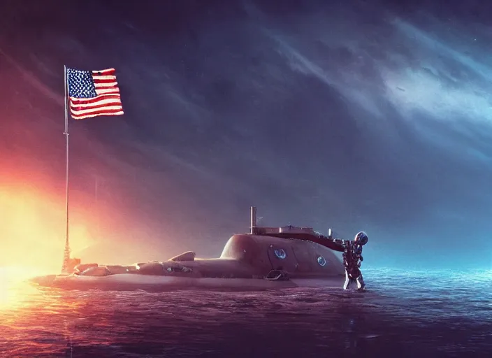 Image similar to astronaut holding a flag in an underwater desert. a submarine is visible in the distance. dark, concept art, cinematic, dramatic, atmospheric, 8 k, trending on artstation, blue, fish, low visibility, fog, ocean floor, christopher nolan, interstellar