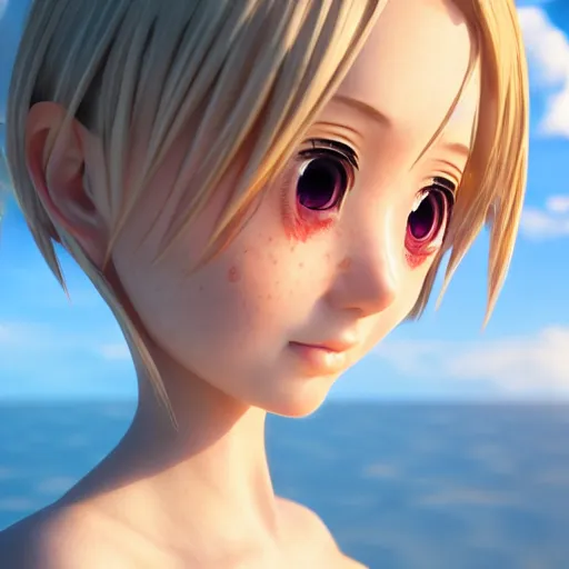 Image similar to Render of a very beautiful 3d anime girl, long hair, hazel eyes, cute freckles, full round face, short smile, cute sundress, golden hour, serene beach setting, medium shot, mid-shot, highly detailed, trending on Artstation, Unreal Engine 4k