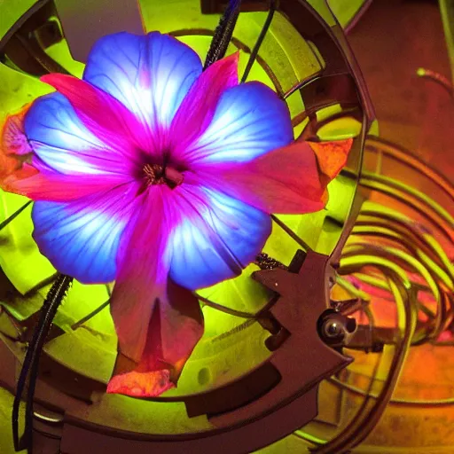 Prompt: mechanical, geometric, cybertronic hibiscus flower, glowing