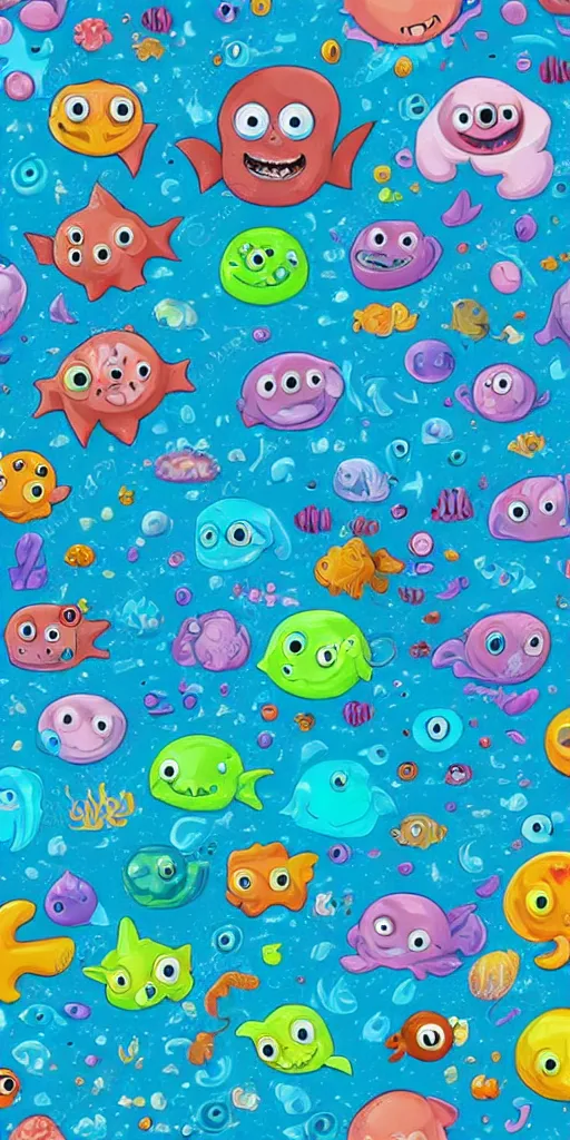 Prompt: colorful cloudy deep sea under water with strange cute friendly happy creatures with huge eyes, mouth, long tongue and round teeth appearing from sandy coral