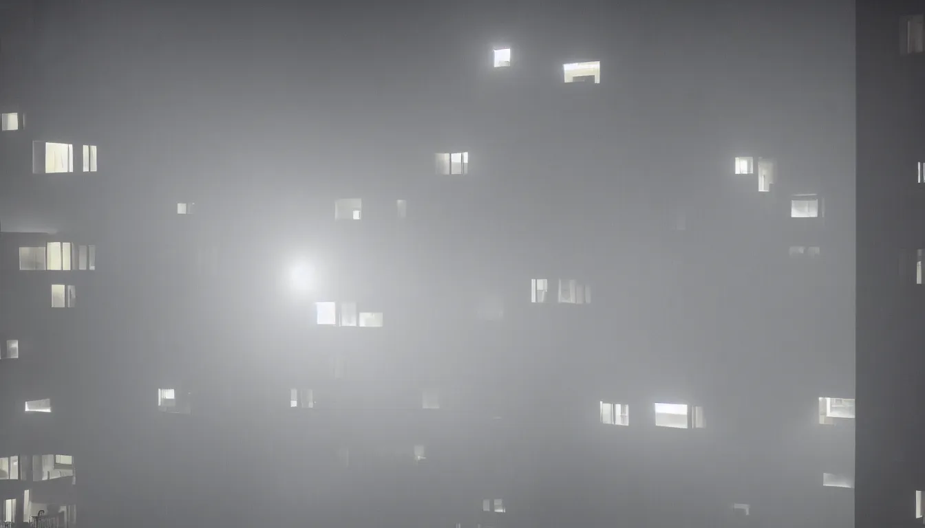 Prompt: Spying into the windows of a small tower block from outside , observing the private lives of the human inhabitants, volumetric lighting shines through the misty nighttime sky