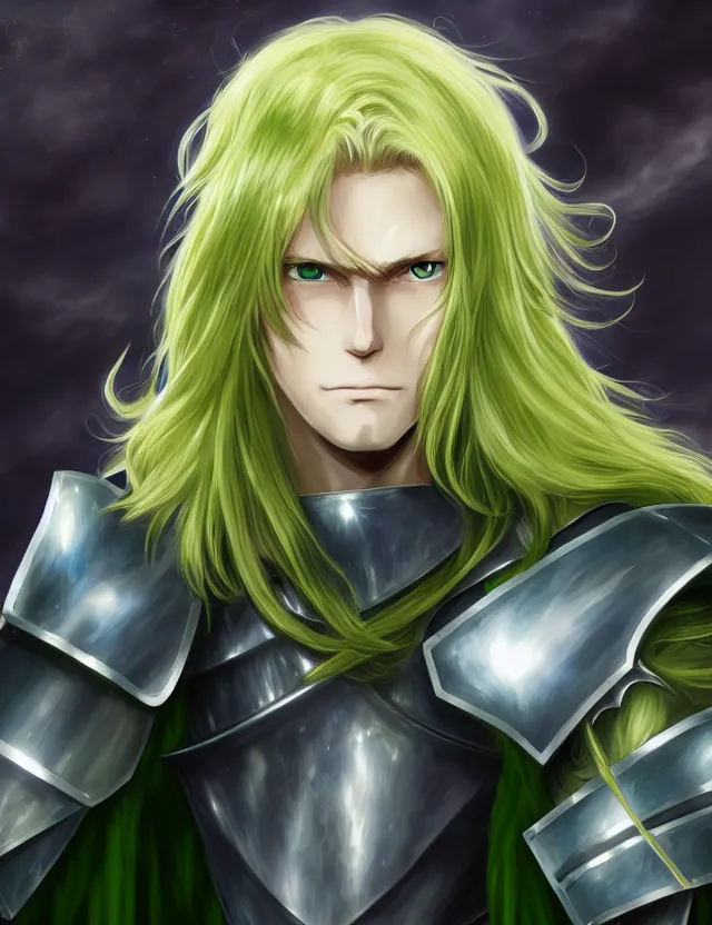 Image similar to an excellent anime portrait of a long haired blonde man with blue eyes in green plate armour glowing with green energy, trending on artstation, digital art, 4 k resolution, detailed, high quality, sharp focus, hq artwork, coherent, insane detail