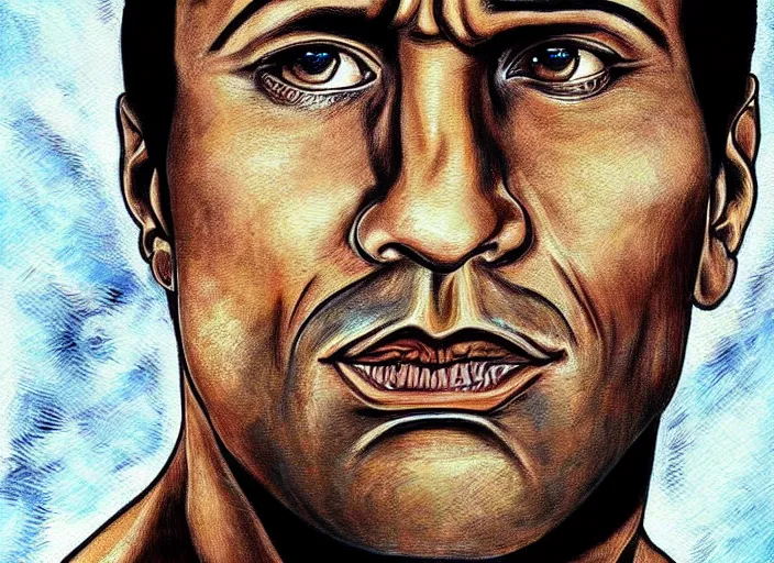 Prompt: a highly detailed beautiful painting of dwayne the rock johnson by junji ito