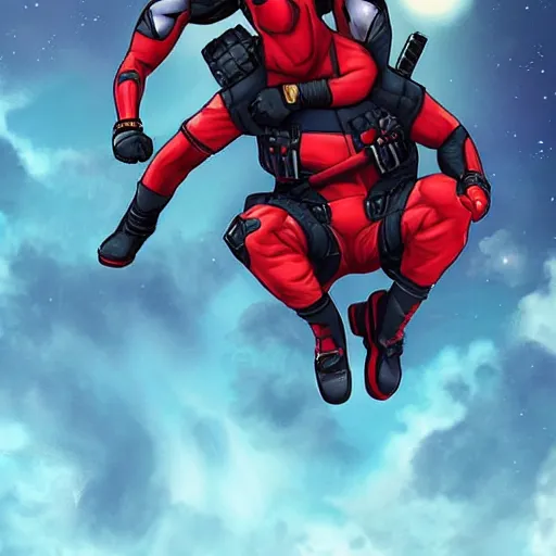 Image similar to illustration of deadpool riding on cat's back in space, trending on artstation