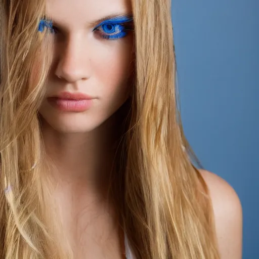 Prompt: Close up 35mm nikon photo of the left side of the head of a dressed young blond model with gorgeous blue irises and wavy long blond hair, who looks directly at the camera. ,.