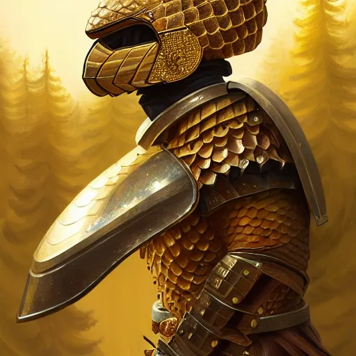 Image similar to photo of a humanoid pangolin dressed in armor with a golden helmet on the head, hold sword in the forest, highly detailed, digital painting, artstation, smooth, sharp focus, illustration, art by artgerm and greg rutkowski and alphonse mucha