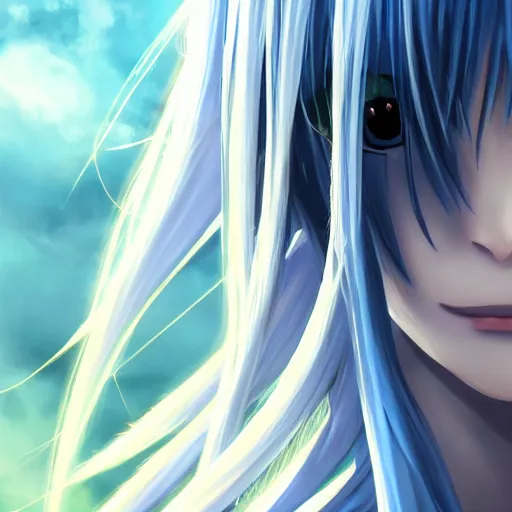 Image similar to full face shot of rimuru tempest, sky blue straight hair, long bangs, with amber eyes, wearing a fancy black jacket, high collar, ultra detailed, brush strokes, digital painting, cinematic, wlop artstation, closeup, pixiv, intense, intimidating glare, photorealistic, overpowering, makoto shinkai, andy warhol,