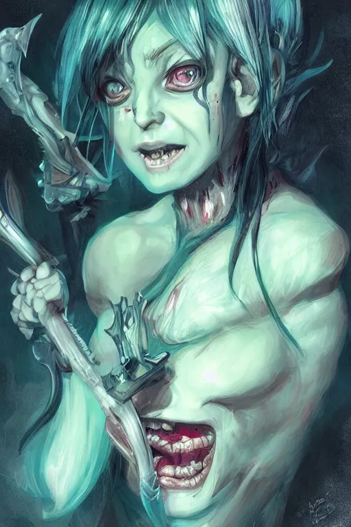 Prompt: a portrait of a cute psychotic fantasy goblin girl by Ross Tran and jeff easley