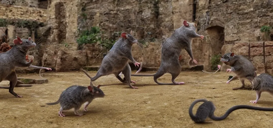 Image similar to rats vs cats as gladiators fighting in gladiator arena