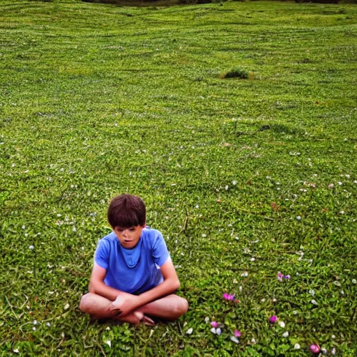 Prompt: a 9 year old boy looks lost and worried. he's sitting near an ant hill. the ground is covered in thick green grass. far away, on left side of the image, stands 3 - 4 trees with pink leaves / flowers.