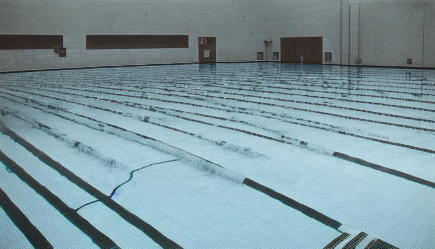 Image similar to 60s movie still of a sovietic stalinist style empty municipal swimming pool with tiles, cinestill 800t 50mm eastmancolor, liminal Space style, heavy grain-s 150