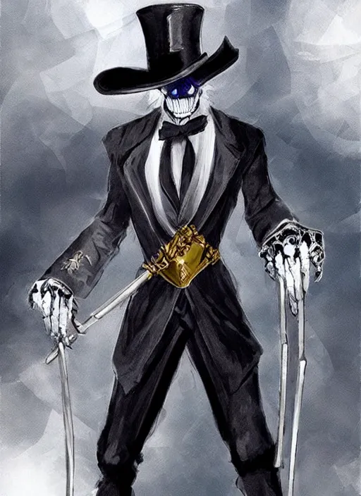 Image similar to DND character art, skeletal male figure, wearing a deep black suit!!! and tie and top hat, holding a gold! cane!, blue flames!!