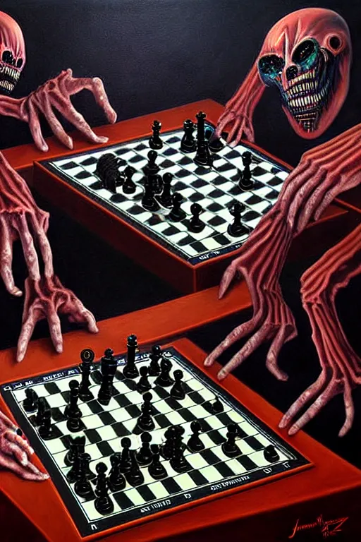 Image similar to a hyperrealistic painting of a game of chess played by nightmare creatures, cinematic horror by jimmy alonzo, the art of skinner, highly detailed, vivid color,