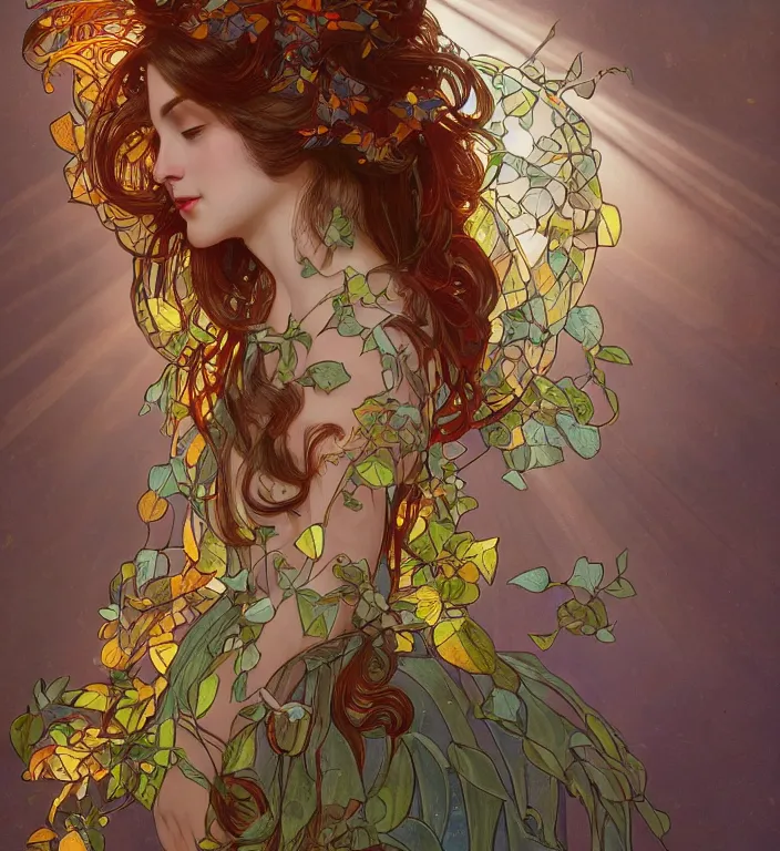 Prompt: portrait of a woman wearing a dress of stained glass , autumn leaves falling, dramatic volumetric lighting, god rays, global illumination, soft, sharp focus, sci-fi, ivy, moss, trending on artstation, intricate concept art by virgil hoo and alphonse mucha