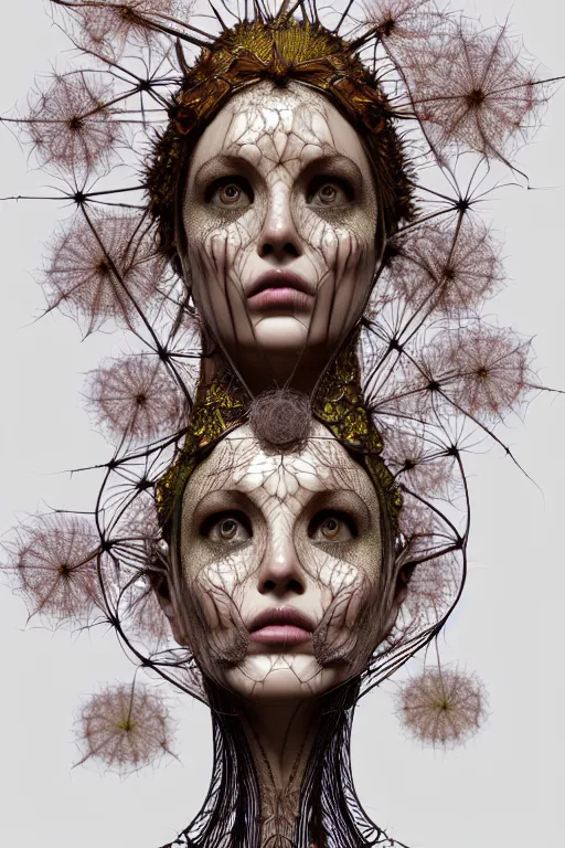 Image similar to intricate hyper detailed ultra sharp 3 d render of a witch profile portrait, 1 5 0 mm art nouveau, haute couture alexander mcqueen leaves stems dahlia transparent fractal dandelion yellow pistil filigree roots, intricate details, anatomical, flesh ornate, facial muscles, cable wires, elegant, hyper realistic, ultra detailed, octane render, volumetric cinematic lighting, 8 k post - production