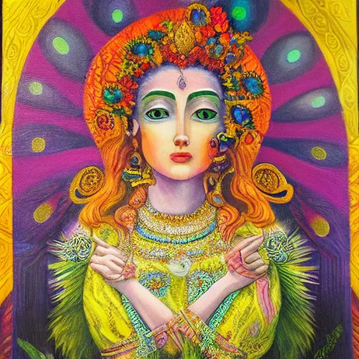 Prompt: pharanthya, the beautiful goddess of spring, oil on canvas, magical realism, highly detailed, vibrant colors, golden sunlight