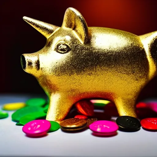 Image similar to piggy bank bursting open with a money explosion, gold bars and coins bursting in every direction, piggy bank sitting on a table, skittles falling off the table, unicorn flying in the background